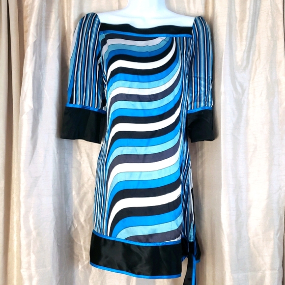 NWT Bebe blue white black gray striped long sleeve silk shift dress Womes Small - Picture 5 of 7